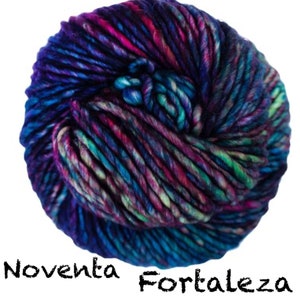Peut inclure: Pelote de laine Noventa Fortaleza aux tons de bleu, violet, rose et vert. La laine est épaisse et texturée, idéale pour les projets de tricot ou de crochet. L'image est sur fond blanc.