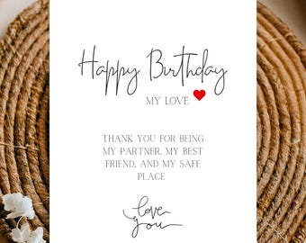 Biglietto d'auguri minimalista stampabile per il compleanno del marito | Biglietto d'amore fai da te da stampare a casa | Design Canva