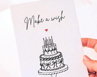 Biglietto d'auguri minimalista con illustrazione di una torta | Biglietto d'auguri "Esprimi un desiderio" | Elegante biglietto d'auguri per lei, amica o sorella