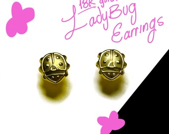 18K Gold Ladybug Earrings Screw-Back