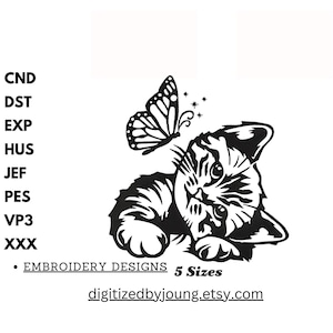 Cat and Butterfly, Embroidery Design, Embroidery Digital Download, 1 Sizes, Embroidery File, Machine Embroidery, Instant Download
