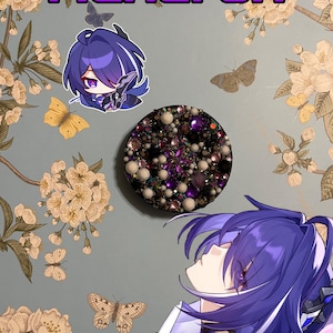 May include: Acheron-themed artwork featuring a character illustration, a decorative round object with purple and white embellishments, and a small character sticker. The background is a floral pattern with butterflies.