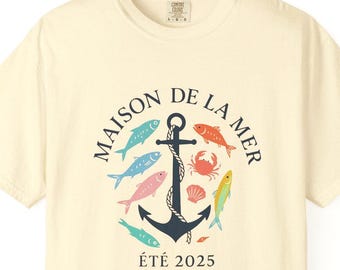 Sardine-core Sea Life T-Shirt, Ocean Lover Gift, Anchor & Fish Maison de la Mer Crest Tee, Marine Life Shirt, Unisex Comfort Colors 1717