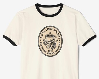 LATTE LORE SOCIETY  Unisex Ringer Tee | Cute Gift for Baristas, Coffee Enthusiasts, Casual Wear, Birthday, Café Outfits, Drink Lovers