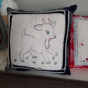 Small Billy Goat Hand Embroidered Plaid Pillow