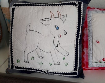 Small Billy Goat Hand Embroidered Plaid Pillow