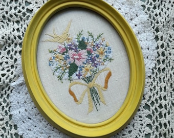 Sunny Yellow Vintage Hand Embroidered Bird and Flowers