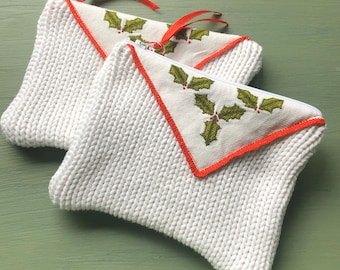 White Knit Zipper Pouch with Cross Stitch Holly Details