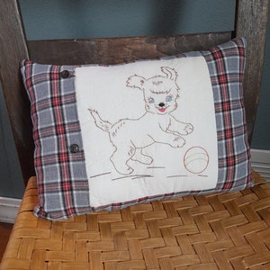 Small Puppy Hand Embroidered Plaid Pillow