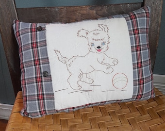 Small Puppy Hand Embroidered Plaid Pillow