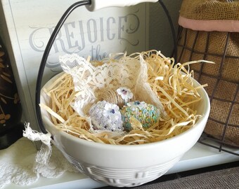 White Ceramic Basket with Metal and Ceramic Handle