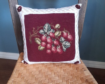 Vintage Needlepoint Rasberry Pillow