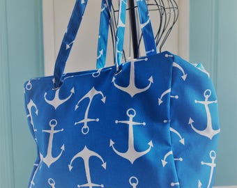 Large Wet Bag Tote Beach Bag Blue Anchors Print...The Tate Collection