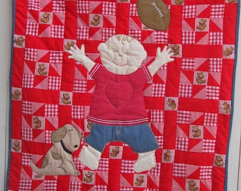 Fußball Baby Quilt, Hund Applikation, rot & weiß karierten Rückseite