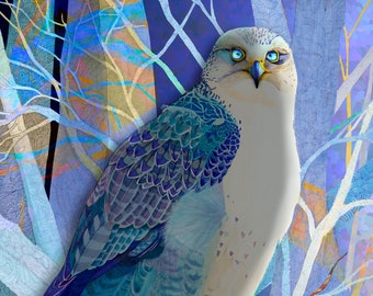 Gyrfalcon in the forest illustration print metal