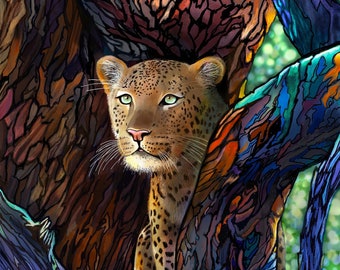 Leopardo en un árbol con corteza colorida