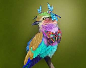 Pájaro rodillo de pecho lila vestido con libélulas y una mariposa