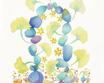 Arco de Ginkgo, acuarela original de 16x20", tamaño con marco 17 3/16" x 21 1/4".