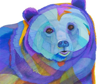 Black Bear in blues and purple giclee print of original marker illustration