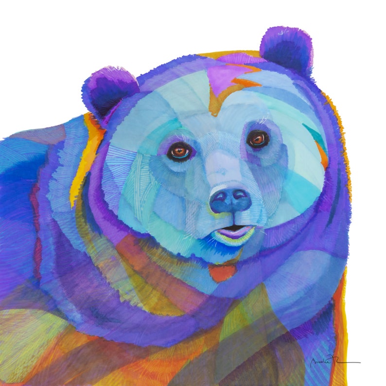 Black Bear in blues and purple giclee print of original marker illustration image 1