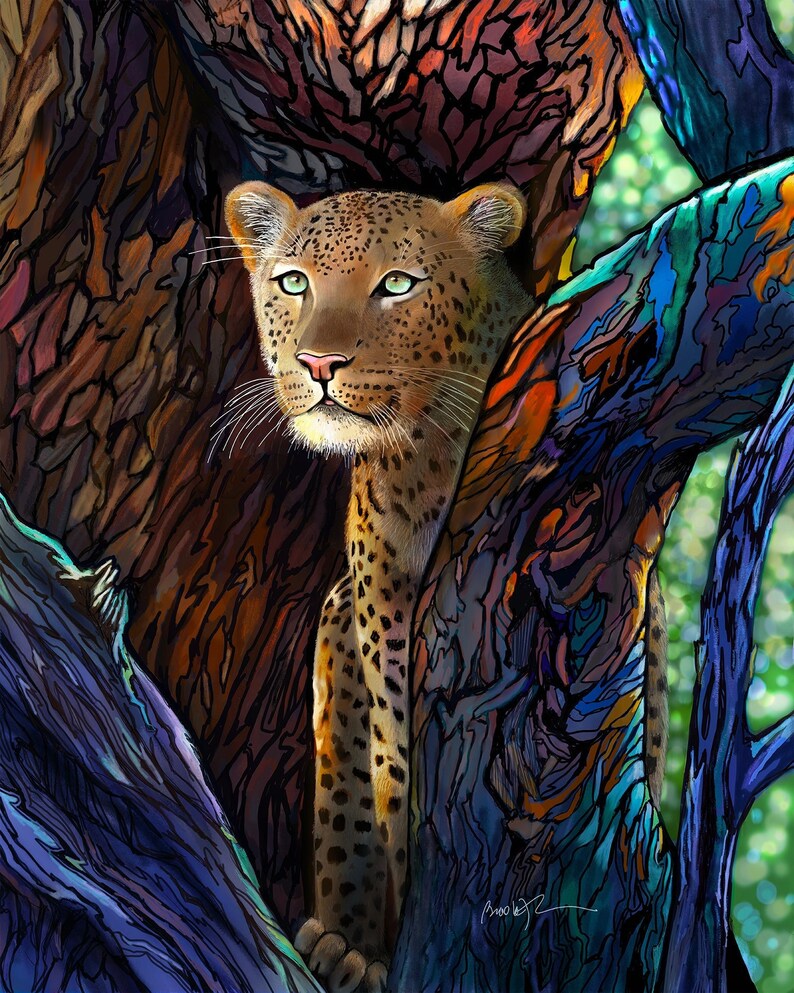 Leopard in a Tree with Colorful Bark image 1