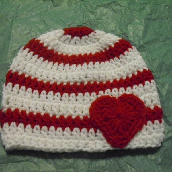 Sweet Heart Baby Valentine Hat; White with a Red Stripe with a Big Red Heart