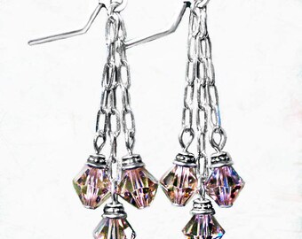 Roses & Silver- handmade earrings, OOAK earrings, beaded earrings, chain earrings, Swarovski crystal earrings, artisan earrings,gift for her