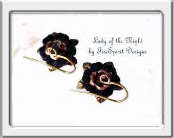 Lady of the Night- OOAK earrings, handmade earrings, beaded earrings, Gothic earrings, black flower earrings, gift for her, handmade gift