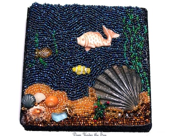 Deep Under the Sea- Bead embroidery-handmade bead art-mixed media art-sculptural bead art-bead collage-beach house decor-wall art-home decor