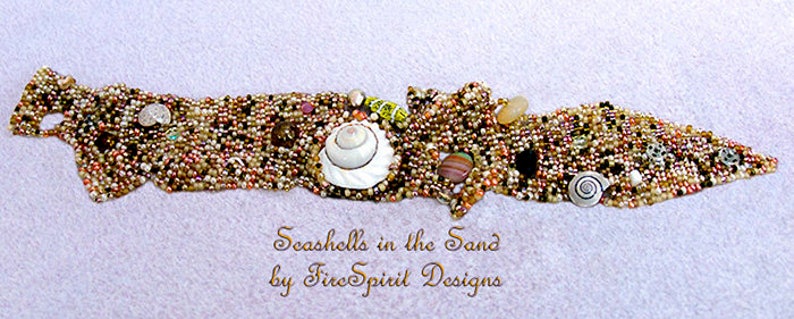 Seashells in the Sand OOAK bracelet, beadwoven bracelet, cuff bracelet, art to wear, artisan jewelry, beadweaving, handwoven, gift for her image 1