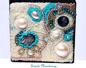 Seaside Meanderings- Abstract bead embroidery- handmade bead art- sculptural bead art- abstract wall art- beach house decor- home decor