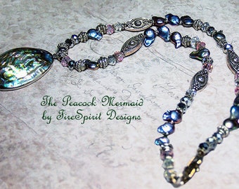 The Peacock Mermaid- handmade necklace- ooak necklace- beaded necklace- crystal necklace- pearl necklace- pendant necklace- gift- jewelry