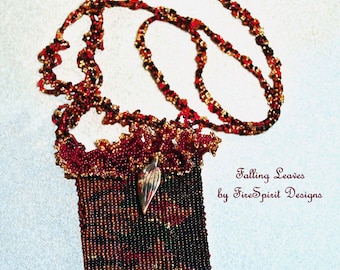 Falling Leaves- OOAK beadwoven necklace- handmade amulet purse- beadweaving- art to wear- artisan woven necklace- woven jewelry-gift for her