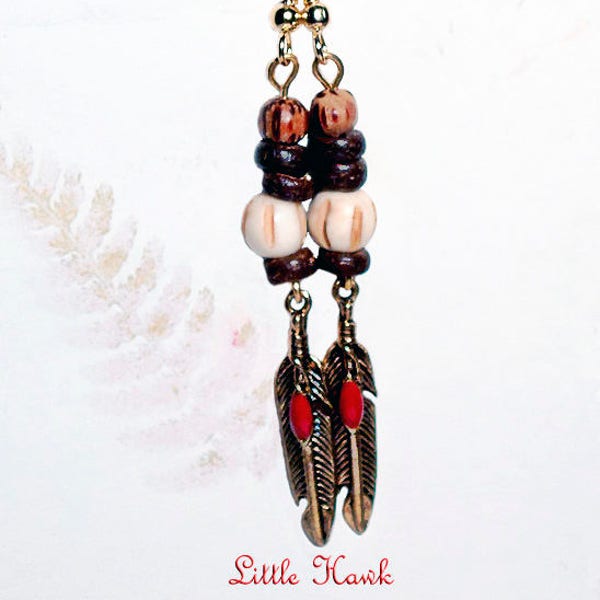 Little Hawk- OOAK earrings- beaded earrings- handmade earrings- Native American style earrings- feather earrings- art to wear- gift for her