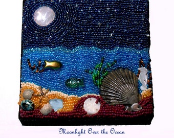 Moonlight Over the Ocean- Bead embroidery- OOAK art- mixed media art- bead art- handmade art- bead collage- home decor- wall art- gift