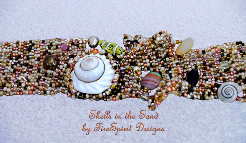 Seashells in the Sand OOAK bracelet, beadwoven bracelet, cuff bracelet, art to wear, artisan jewelry, beadweaving, handwoven, gift for her image 3