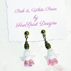 Pink & White Posies-handmade earrings-artisan earrings-pink and white earring-flower earrings-pierced earrings-clipon earrrings-gift for her