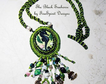 The Black Seahorse- bead embroidery, handmade necklace, bead weaving, beadwoven necklace, handmade jewelry, gift for her, seahorse necklace