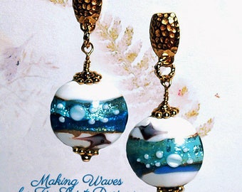 Making Waves- handmade earrings, lampwork earrings, OOAK earrings, gift for her, beaded earrings, artisan earrings, beach theme earrings