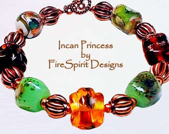 Incan Princess-  handmade bracelet, beaded bracelet, jewelry gift, ooak bracelet, lampwork bead bracelet, gift for her, artisan bracelet