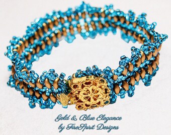 Beadwoven bracelet- Gold & Blue Elegance- beadweaving- handmade bracelet- gift for her- OOAK bracelet- art to wear- wearable art- elegant