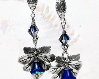 Rainforest- handmade earrings, beaded earrings, OOAK earrings, flower earrings, blue, silver, gift for her, dangle earrings, drop earrings