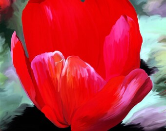 Red Hot- mixed media art- fine art print, flower art, fine art photography, digital painting, red tulip art, wall art, home decor, gift