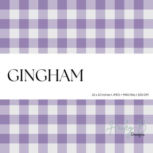 May include: A digital design featuring a gingham pattern in shades of lavender and white. The word "GINGHAM" is displayed in a bold, elegant font. The design is 12 x 12 inches and includes JPEG and PNG files at 300 DPI.
