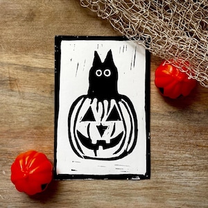 Cat In Pumpkin - Linocut Print, Handmade Linoleum Print, 4x6