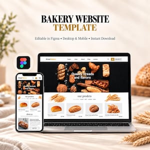 May include: A bakery website template displayed on a laptop and a smartphone screen. The design features a black header with the text Bread Bakery, a hero section with bread imagery, and a product grid showing various breads with prices.
