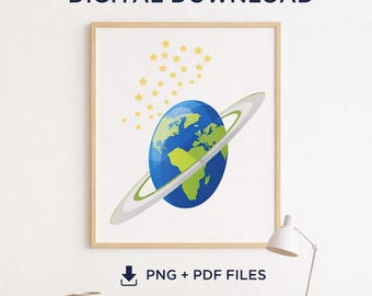Planet & Stars Nursery Wall Art | Printable Space Decor for Kids Room | Digital Earth Poster