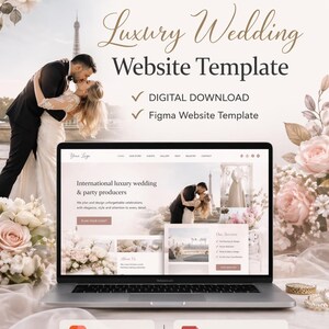 May include: A laptop displays a wedding website template with the text "Luxury Wedding Website Template." The design features a couple kissing, floral arrangements, and the text "Digital Download" and "Figma Website Template."