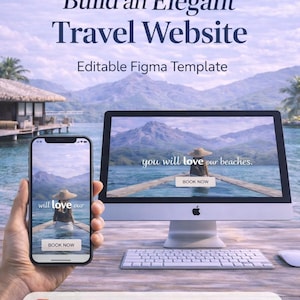 May include: An advertisement for a travel website template. The image shows a desktop computer and a smartphone displaying a travel website design. The text reads "Build an Elegant Travel Website" and "Editable Figma Template."
