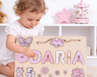 Rompecabezas personalizado con el nombre de una niña, juguetes Montessori de madera para niños pequeños, regalos personalizados para niños, regalo de segundo cumpleaños, regalos personalizados para el primer cumpleaños de una niña.